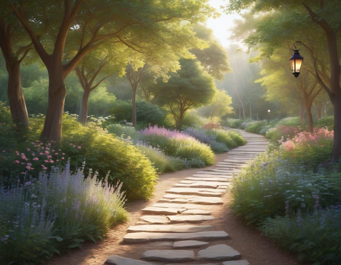 A serene landscape depicting a winding path through a tranquil garden, with gentle sunlight filtering through trees, symbolizing a journey. Along the path, various supportive elements are illustrated: a comforting hand reaching out, a stack of informative books, and a shining lantern representing hope. The scene conveys warmth, resilience, and community, inviting viewers to feel uplifted and supported. soft pastel colors. 3D depth. serene atmosphere.