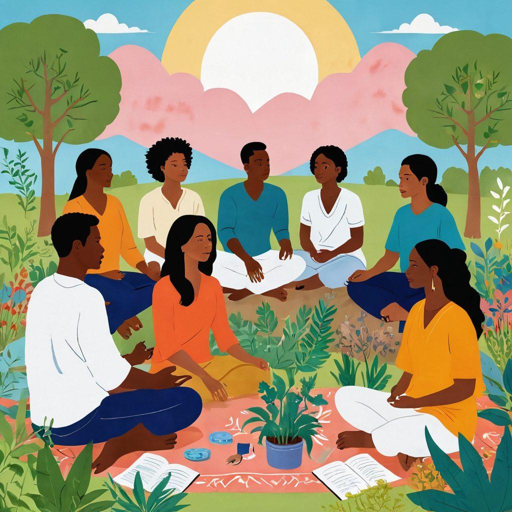 A vibrant, hopeful illustration depicting a diverse group of individuals engaged in a discussion about symptoms and health, surrounded by symbols of holistic treatments like herbs, acupuncture, and therapy. The background features a serene landscape with bright colors representing health and vitality. Overlay text with keywords like 'Early Detection' and 'Survival' to emphasize the theme. super-realistic. vibrant colors. cheerful mood.